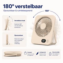 Oplaadbare USB-C Tafelventilator met LED Display, Vouwbaar en Stil, 180° Verstelbare Mini Ventilator voor Kantoor en Thuisgebruik, 2000mAh Accu - Bruin — thumbnail 3