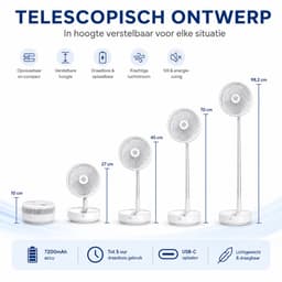 3-1 Ventilator Staand - Tafelventilator - Vloerventilator USB-C - 4 Standen - Draadloos en Geluidloos Fluisterstil - Fans - Staande Mini Ventilator - Kleine Statiefventilator - Aircooler - Mobiele Airco - 19,5 x 19,5 x 2,5 cm - Wit — thumbnail 5