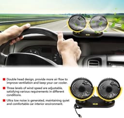 Auto Ventilator USB - Dubbele Autoventilator met 3 Snelheden - Verstelbare Koelventilator voor Auto Vrachtwagen Camper Caravan en Bureau — thumbnail 2
