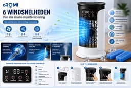 oROMI Aircooler met Waterverneveling – 6 Snelheden – 300 ml Watertank – 7 Kleuren LED – Timer – USB Tafelventilator met 2 Koelelementen — thumbnail 4