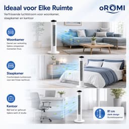 oROMI Torenventilator 81 cm – 45W – 3 Snelheden & 3 Windmodi – Met Afstandsbediening, Timer en Oscillatie – Witte Slimme Staande Ventilator — thumbnail 2