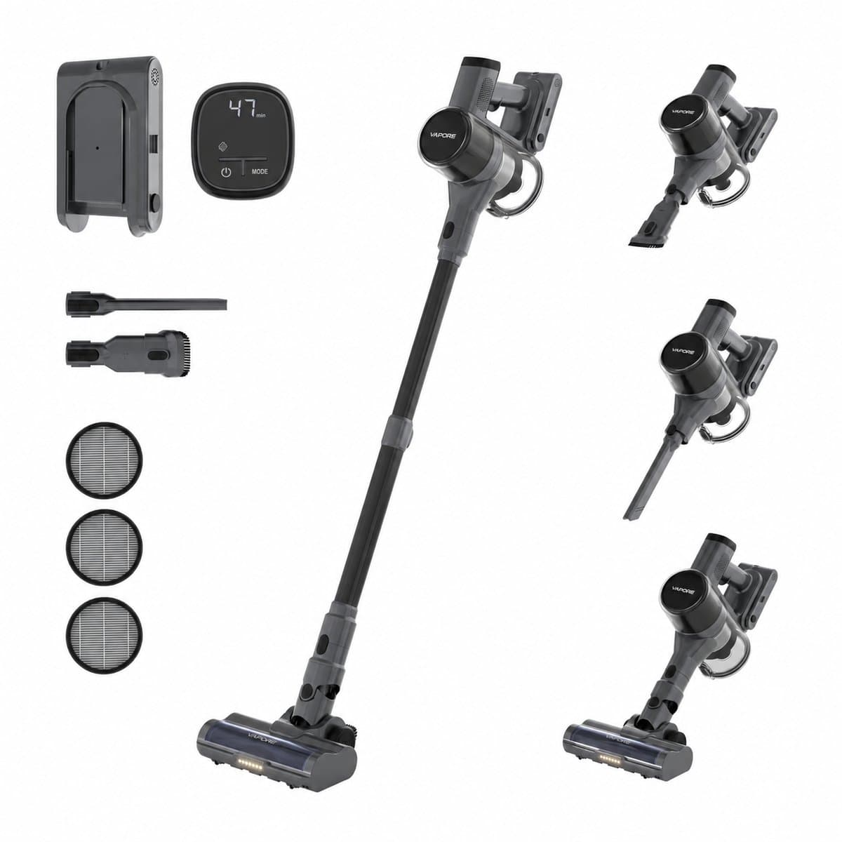 Vapore Steelstofzuiger Draadloos - Incl. Extra Accu - 47 Minuten Accuduur - 350W - Snoerloze Stofzuiger - Stofzuiger Zonder Zak - Op Accu - Vacuum Cleaner - Kruimeldief - Draadloze Steelstofzuiger - Zwart — afbeelding 1