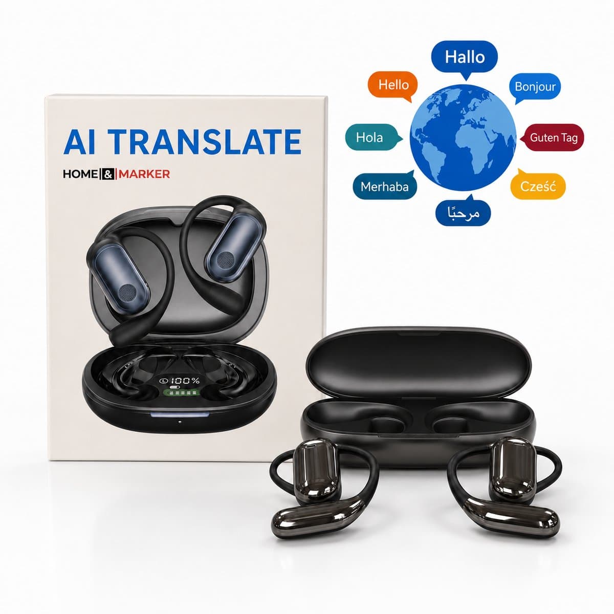 Home & Marker - AI Vertaal Oordopjes - Vertaal Apparaat - Real-time Vertalings oordopjes - 144 Talen & Dialecten - Offline Functie - Draadloze Spraakvertaler voor Reizen & Zakelijk - Bluetooth 5.4 - Zwart - TRANZIO — afbeelding 1