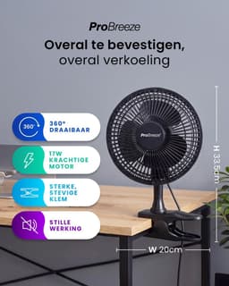 Tafelventilator met Klem – 360° Draaibaar – 2 Snelheden – Stille Mini Ventilator – 20 cm Zwart — thumbnail 4