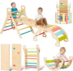 Bean 5-in-1 Montessori klimdriehoek met klimboog en glijbaan (M) | houten driehoek voor peuters vanaf 2-5, indoor klimspeelgoed, regenboog met handvat — thumbnail 2