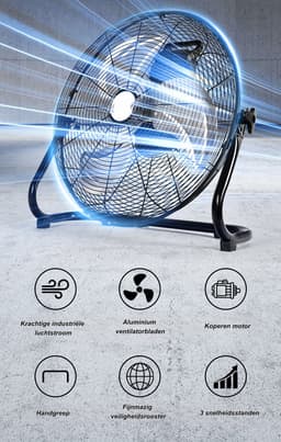 Casalora Krachtige Ventilator - Ventilator Staand - Industriële Vloerventilator 45CM – Zwarte Tafelventilator met 4 Snelheden, 130° Draaibare Luchtstroom, Aluminium Bladen voor Woonkamer, Garage en Werkplaats — thumbnail 4