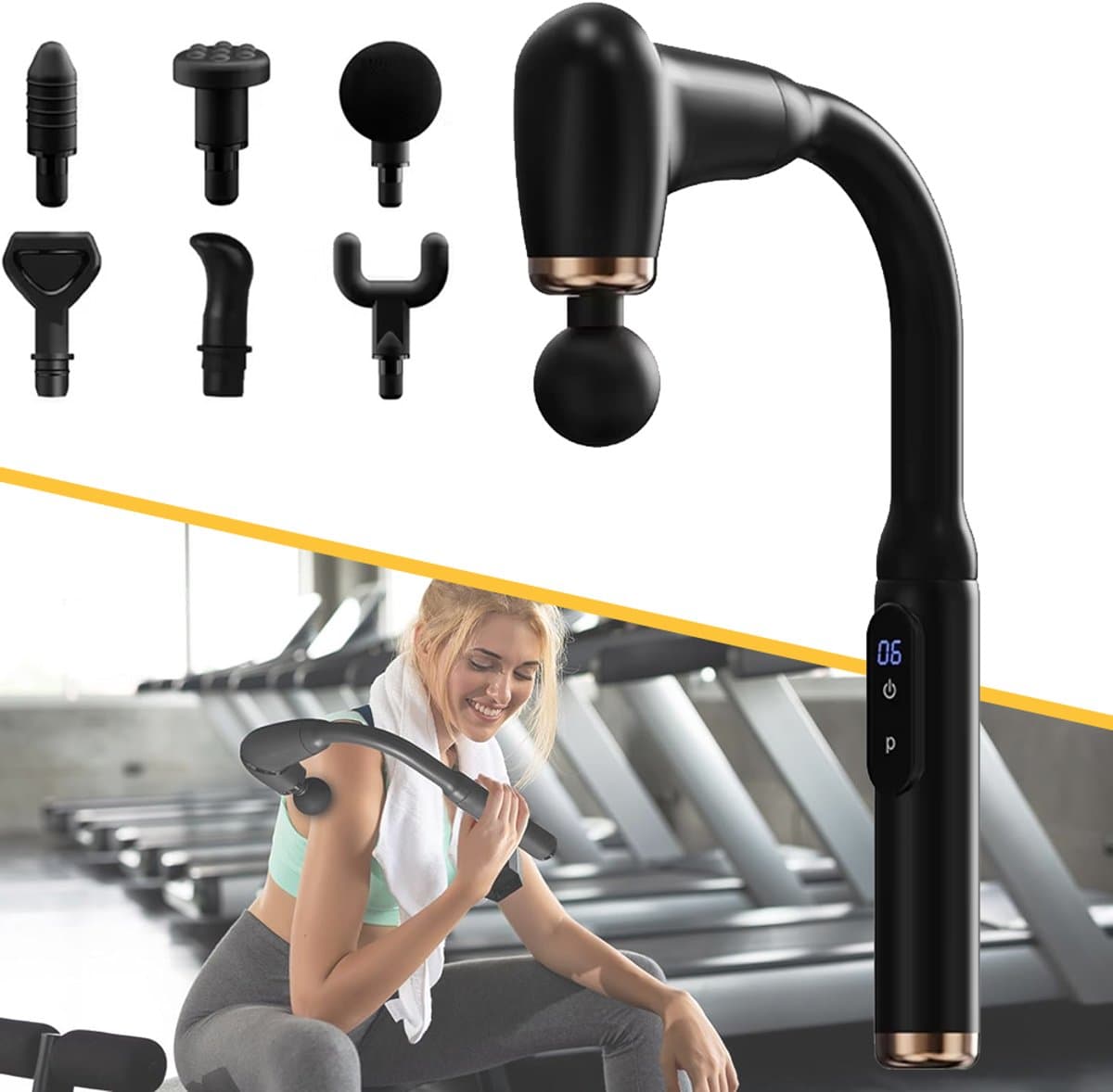 Massagepistool Met Verlengde Handgreep - Rugmassageapparaat Voor Pijnverlichting - Handmatig Percussie-Spiermassagepistool - 6 Massagekoppen — afbeelding 1