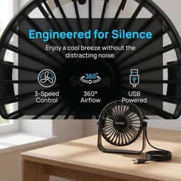 Solvix tafel ventilator geluidloos - USB Tafelventilator - Zwarte Mini Ventilator - 3 Snelheden - 360° Draaibaar - Voor Thuis, Kantoor en Camping — thumbnail 3
