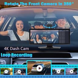 Dashcam voor auto - Zwart - 10,26 inch - 4K Frontcamera met 1080p Achteruitrijcamera en Draadloze Carplay - Voor Auto Navigatie en Veiligheid — thumbnail 2