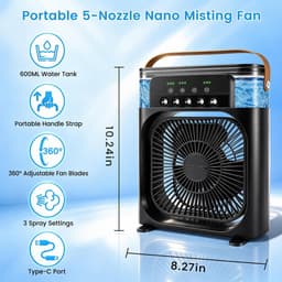 Casalora Portable Aircooler - Airco Zonder Afvoerslang - Tafelventilator -Luchtkoeler 4-in-1 -3 windsnelheden met 600ml Watertank - Zwart — thumbnail 3