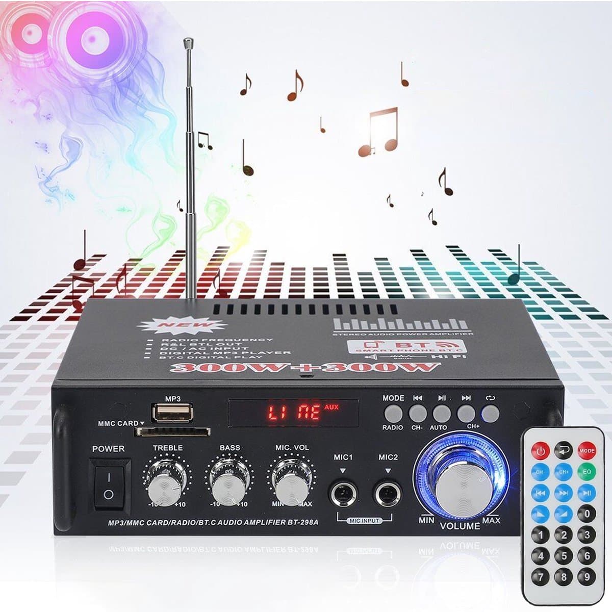 HiFi stereo audioversterker - 600W Bluetooth mini-versterker - Met basversterking, USB, MP3, FM-radio - Geschikt voor auto's en thuisgebruik - Kaart-/USB-ingang - 12V/220V Bluetooth thuisversterker - Stereo versterker — afbeelding 1