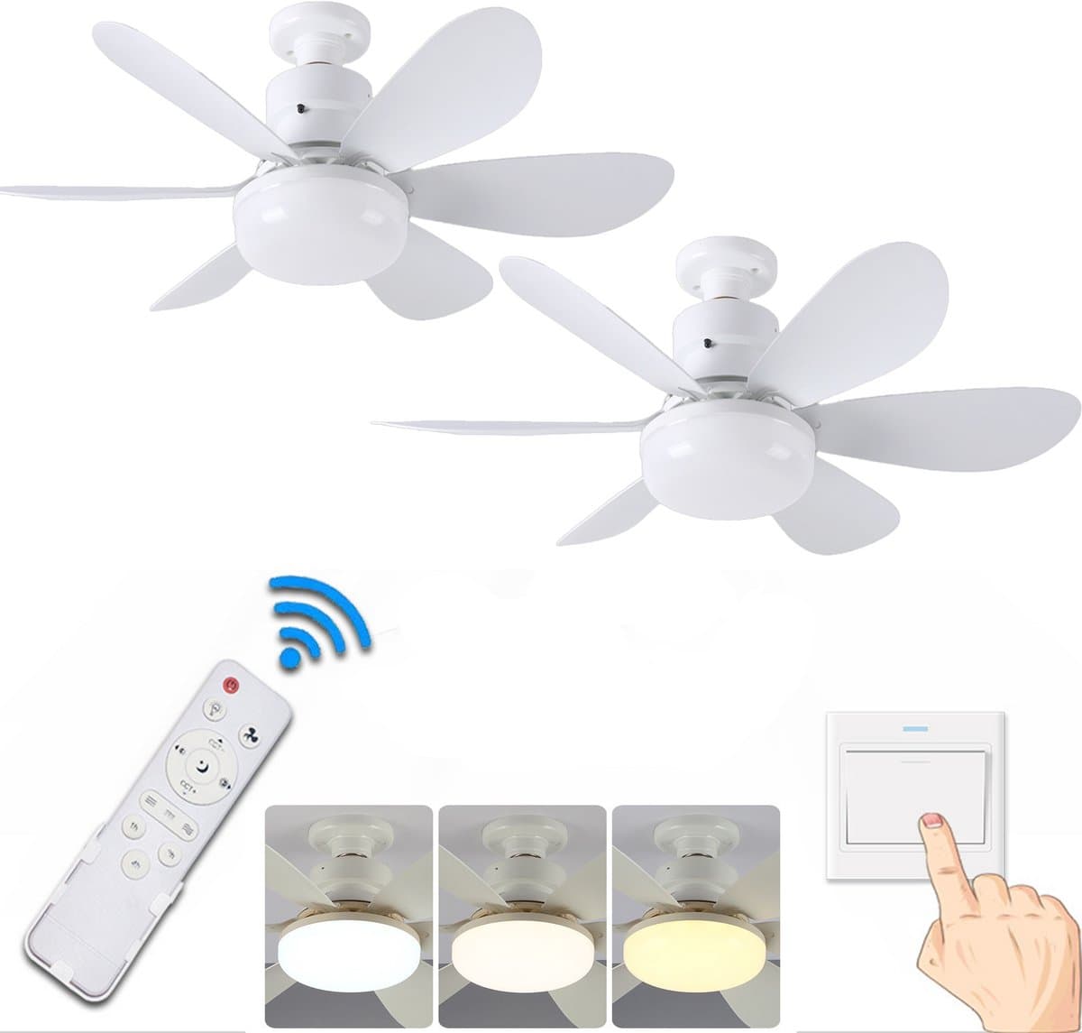 KZQ Plafondventilator - 2 Stuks - Wit Mat - Incl 15W Lamp - Licht Apart Schakelbaar - Afstandsbediening - Dimbaar - Traploos Instelbare Lichtkleur - Nachtlampje - 3 Snelheden — afbeelding 1