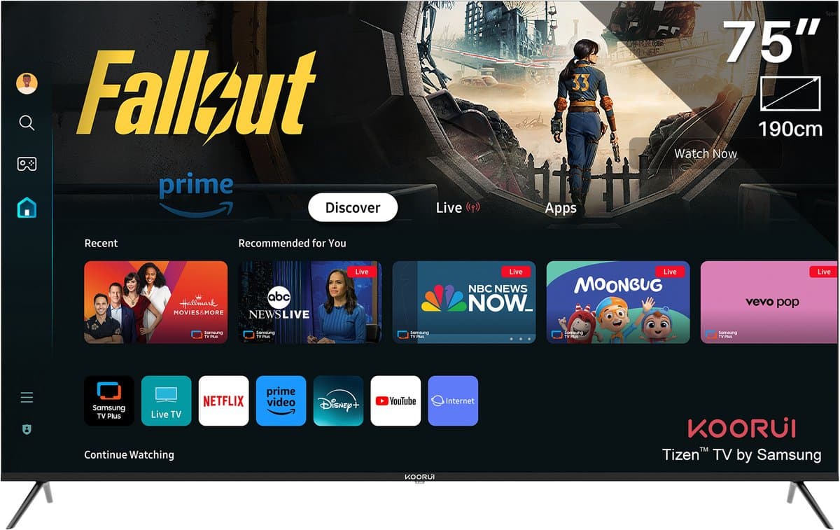 Koorui Tizen by Samsung Smart TV - QLED 4K Ultra HD - 75 inch/191 cm - Voice Controle - Streaming apps – AirPlay – Hotelmodus - HDMI x3, USB x2, CI+ - Tripple Tuner DVB-T/T2/S/S2/C - Frameless Design - Geassembleerd in Nederland - K75D5UQ-T8 — afbeelding 1