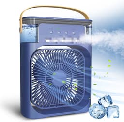 Deze draagbare 4-in-1 airconditioner combineert airconditioning, een ventilator, drie ventilatorsnelheden, een timer, een luchtbevochtiger (600 ml waterreservoir), USB-opladen, een luchtkoeler en een stille modus – in het blauw. — thumbnail 1