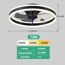 TamTrade Plafondventilator - Plafond ventilator met verlichting - Inclusief afstandbediening - LED - Dimbaar - 6 standen - Zwart — thumbnail 5