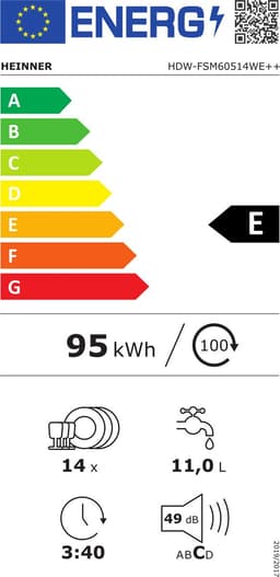 Heinner HDW-FSM60514WE++ Vrijstaande Vaatwasser – 14 Couverts – Energieklasse E – 5 Programma’s – Halve Belading – Startuitstel – Verstelbare Bovenkorf – AquaStop – Kinderslot – 60 cm – Wit – 5 Jaar Garantie — thumbnail 2