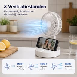 Tafelventilator met Telefoonhouder - USB-C Oplaadbaar - 3 Standen - Opvouwbaar en Draadloos - Staande Mini Ventilator - Fan - Verkoeling - WK Voetbal Kijken Accessoire - Kleine Aircooler - Mobiele Airco - 16,5 x 16,5 x 8 cm - Wit - Silvergear — thumbnail 5