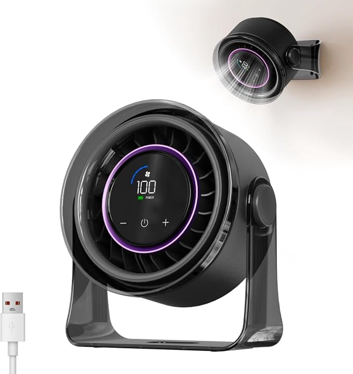 MERTTURM Oplaadbare USB Bureauventilator, Kleine Draagbare Stille Tafelventilator met 100 Snelheden, 360° Rotatie, Wandmontage, LED-display voor Slaapkamer, Thuis, Kantoor, Reizen (Zwart) — afbeelding 1