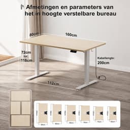 Devoko Elektrisch Zit-Sta Bureau 160x80 cm – 18 mm Dik Tafelblad – 3 Geheugenstanden – USB en Zit-alarm – Kabelmanagement – Wit frame met houtkleurig blad — thumbnail 5