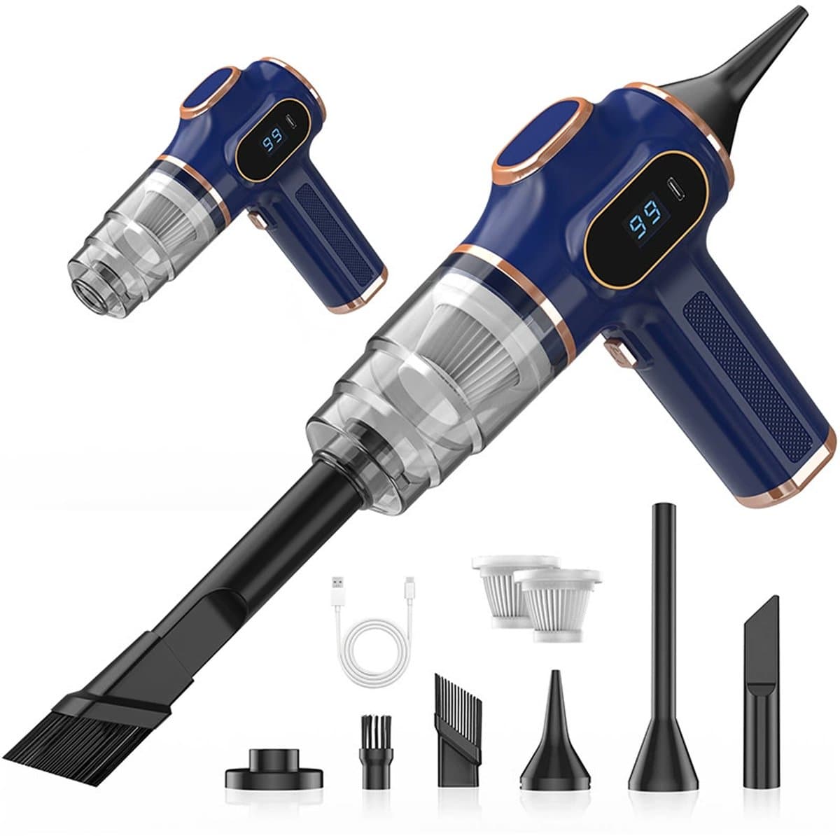 KZQ Handheld auto stofzuiger met LCD-scherm - Draadloze oplaadbare stofzuiger voor auto thuis kantoor en huisdierharen - 7-in-1 reinigingsset - Blauw — afbeelding 1