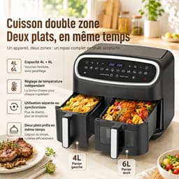 Airfryer 10L met dubbele mand 6L + 4L, 2800W, 12 kookprogramma’s, LED-touchscreen, kijkvenster en microstoomfunctie, 50–200°C, olievrije XXL heteluchtfriteuse voor grote gezinnen, zwart — thumbnail 4