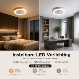Slimme Plafondventilator - Wit + Hout - Ø 52 cm - Stille Motor - Handige App - Dimfunctie - Plafond Ventilator met Verlichting - Plafondlamp met Ventilator — thumbnail 5