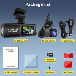 SnelShoppen - Dashcam Achteruitrijcamera 4K + 1080P, WiFi Dash Cam Zonder Draadloze Camera, Dag- en Nacht Recorder met 64G SD Kaart, Nachtzicht, G-Sen — thumbnail 4