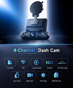 SnelShoppen - 4*Dashcam 2K voor Auto met Wifi, 1080P Achteruitrijcamera, 3-inch IPS Scherm, 24-uurs Parkeermonitoring, Nachtzicht, G-Sensor, 360-Grade — thumbnail 5