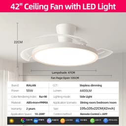 IRALAN Ceiling Lights with Fan Smart Retractable Fan Blade Home Electric Fan Dimmable with Remote Control Led Living Room Light — thumbnail 3