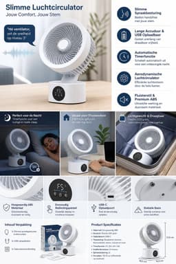 VHV-Oplaadbare Tafelventilator met Spraakbesturing - Stille Luchtcirculator met Timer - Bureau Ventilator met Lange Accuduur - Slimme USB Ventilator voor Slaapkamer en Kantoor — thumbnail 3