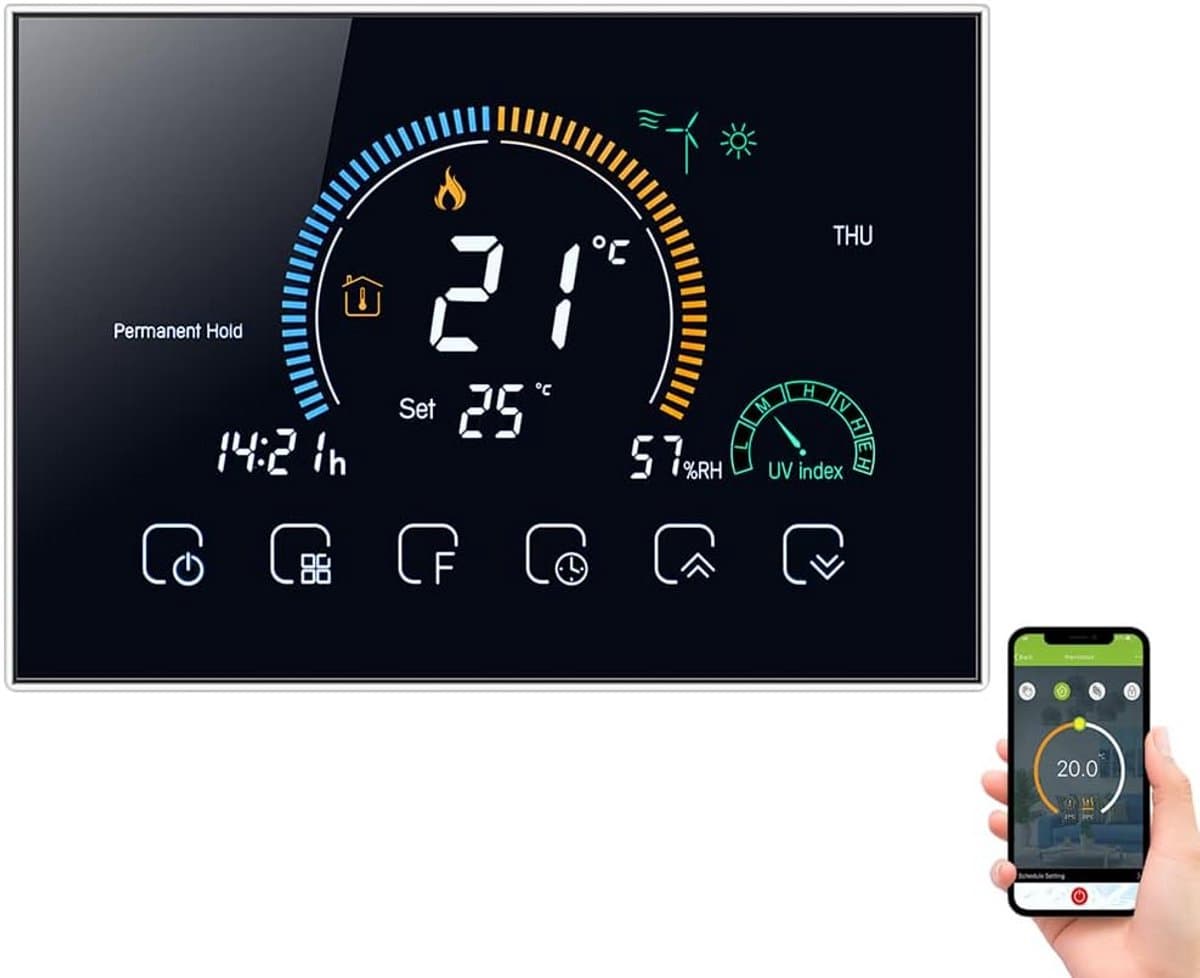 Slimme Programmeerbare WiFi Thermostaat met Vochtigheid, UV-Index en Spraakbediening — afbeelding 1