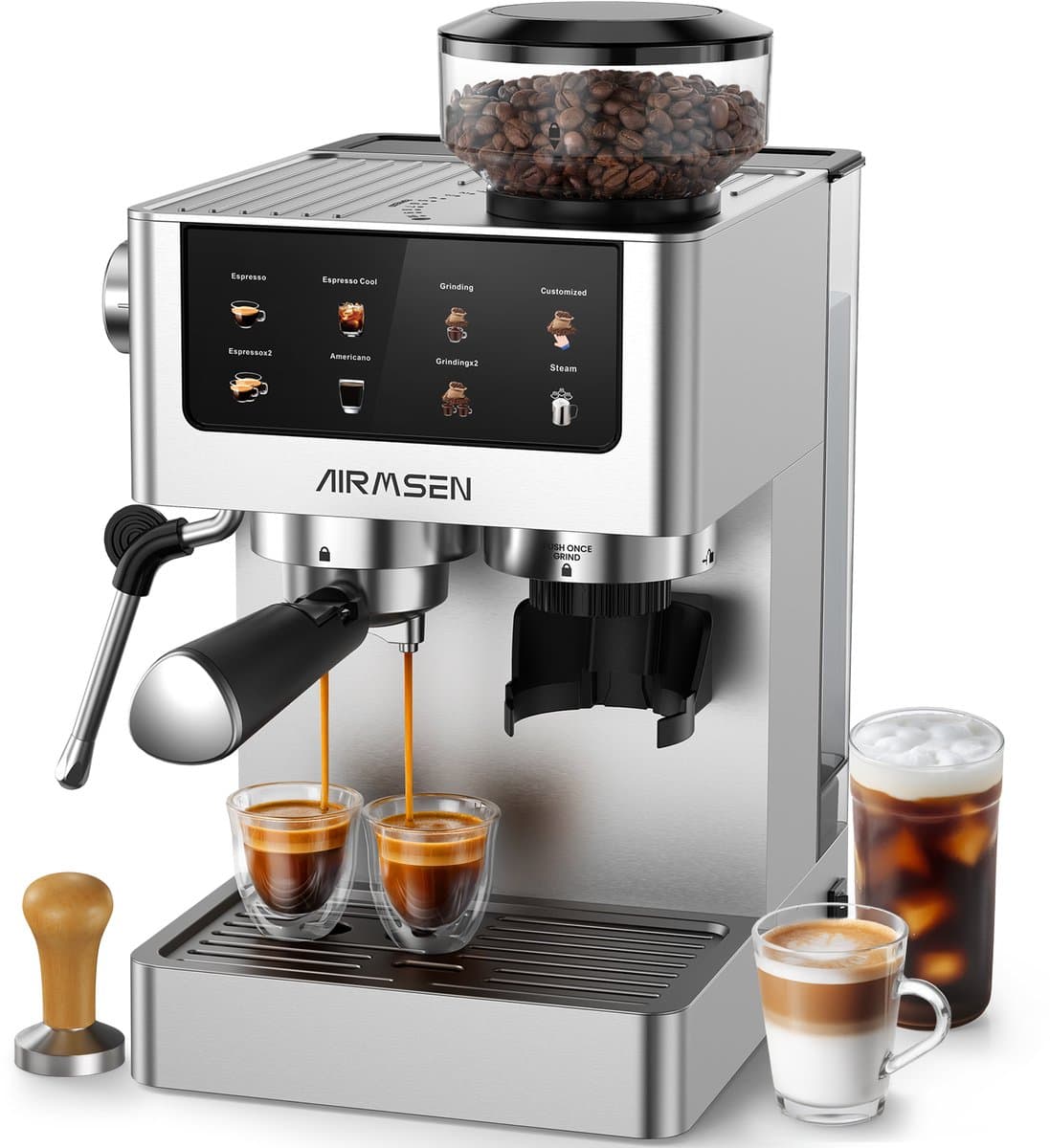 AIRMSEN Espressomachine - 20 Bar - Pistonmachine met Bonenmaler - Met Stoompijpje - Zilver — afbeelding 1