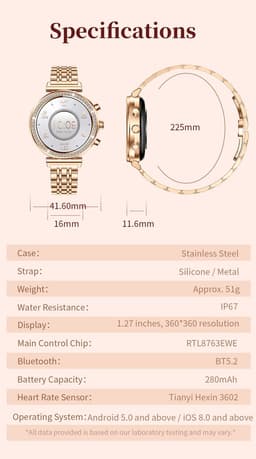 Knobbout Luxe Dames Smartwatch 1.27” Scherm met Kristallen – Bluetooth Bellen – HD Touchscreen – Hartslag, Bloeddruk & SpO₂ Monitoring – Vrouwelijke Gezondheidsfuncties – AI spraakassistent– IP68 Waterdicht – Rosé goud stalen horlogeband — thumbnail 2
