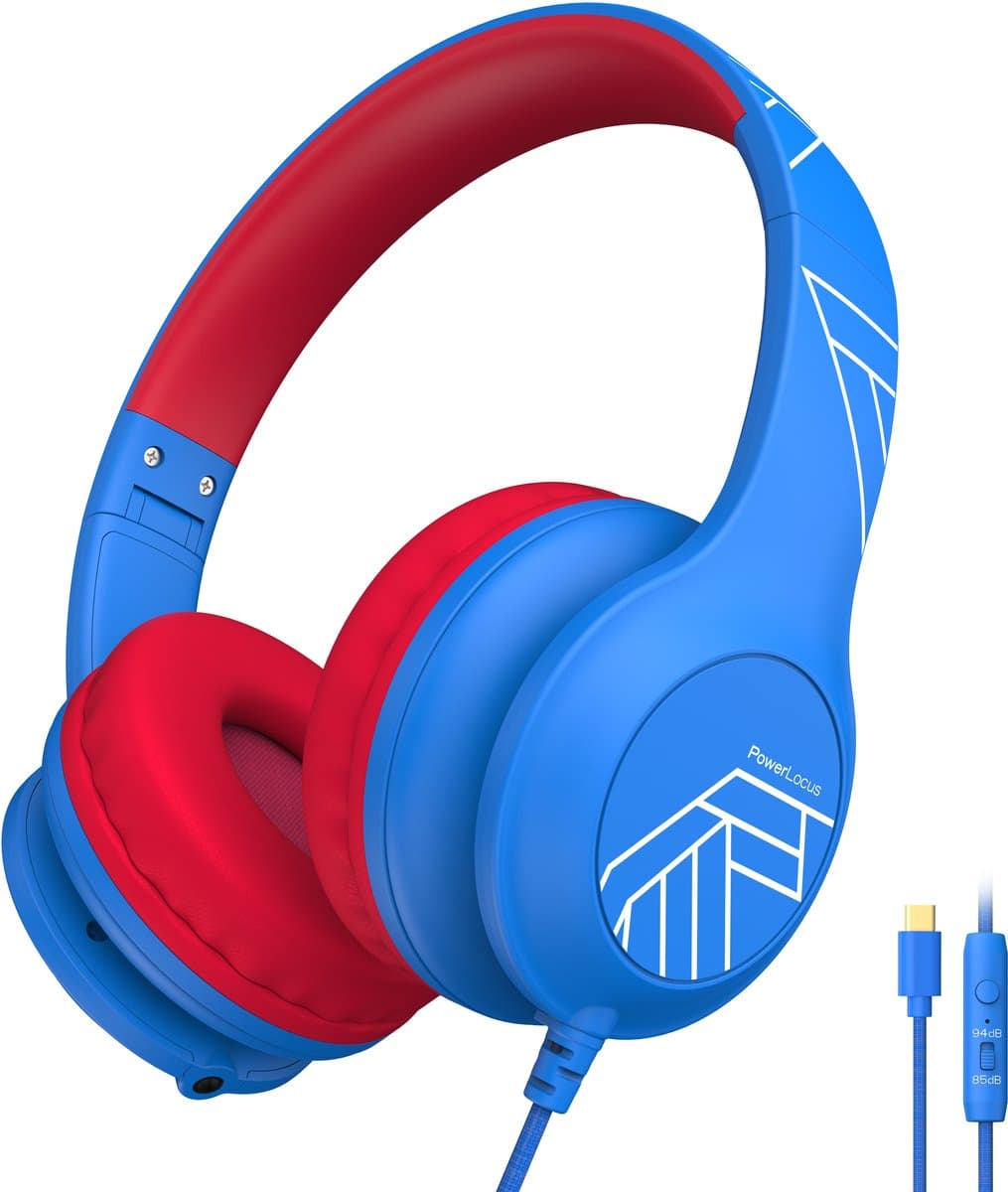 PowerLocus PLED Wired Kinder Koptelefoon met Draad USB-C - Koptelefoon voor kinderen - Veilig volume van 85dB en 94dB - Hoofdtelefoon - Met microfoon - Sharing Audio Functie - USB-C Blauw/Rood — afbeelding 1