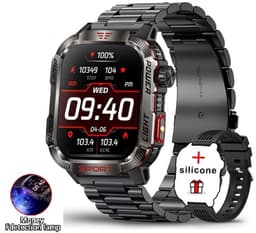 Knobbout Outdoor Smartwatch 2.01”Scherm Extra Groot Scherm– Militair Standaard Schok & Krasbestendig - Zaklamp + SOS - Kompas & Hoogtemeter - GezondheidsmonitorBluetooth Bellen - AI Spraakassistent - 600mAh -IP68 -zwart staal+ siliconen horlogeban — thumbnail 1