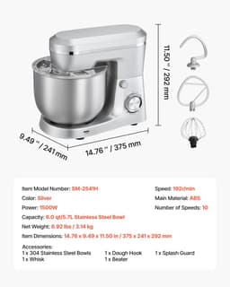 Keukenmachine - Staande Mixer - Krachtige 1500W Motor - Roestvrijstalen Mengkom 5,7 L - 10 Snelheden - Kantelbare Kop - Inclusief Deeghaak, Klopper en Garde — thumbnail 4