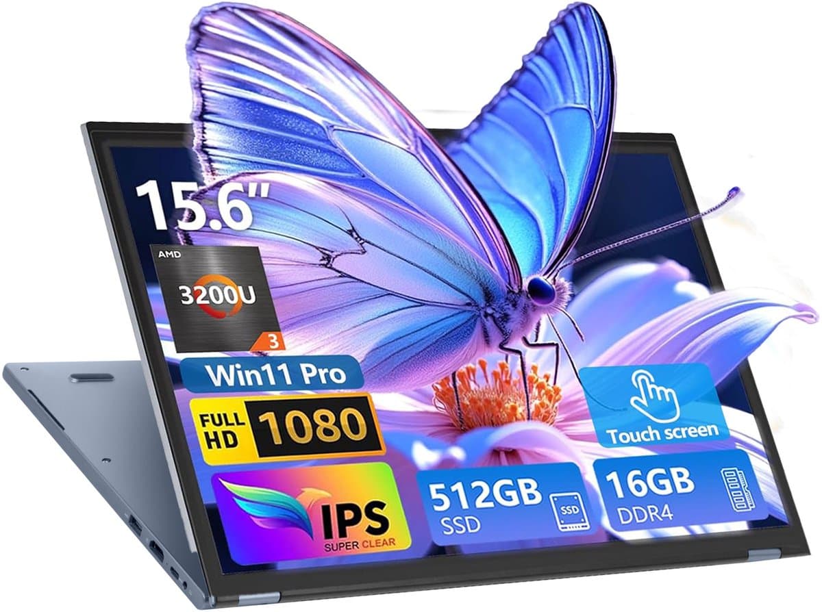 Ninkear 15.6" FHD IPS Touchscreen Laptop – 360° Flip 2-in-1 Convertible – AMD Ryzen 3 3200U – 16GB RAM – 512GB SSD – Windows 11 Pro – Dual-Band WiFi – Zilver — afbeelding 1