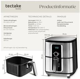 tectake® Airfryer Heteluchtfriteuse XXL - 90% Minder Olie, 10,2 L Inhoud - Touchscreen Display - 8 Programma's - Vet- en Olievrij - Inclusief Accessoires en Receptenboekje - Zilver — thumbnail 5
