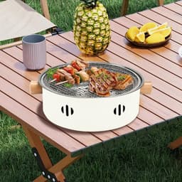 Draagbare houtskoolgrill, mini-barbecuegrill uit één stuk, multifunctionele rookvrije ronde tafelbarbecue op houtskool, geschikt voor koken binnen en buiten, familiebijeenkomsten, picknicks en kamperen (beige). — thumbnail 2