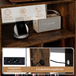 COSTWAY Draaitafel standaard met laadstation, draaitafel met vinyl opbergplanken, platenopbergtafel incl. 5 metalen poten, dressoir voor woonkamer, muziekkamer (bruin) — thumbnail 2