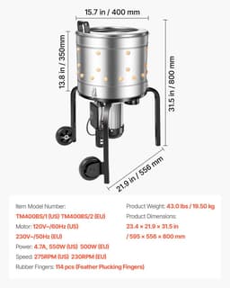 Plukmachine voor Gevogelte - Elektrische Kippenplukker - 400 mm Trommel - 500 W Motor - 114 Zachte Plukvingers - RVS - Transportwielen - Capaciteit 1-2 Kippen — thumbnail 2