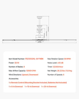 VEVOR 213cm Aluminium Plafondventilator Zonder Verlichting Afstandsbediening DC Motor Zwart — thumbnail 3