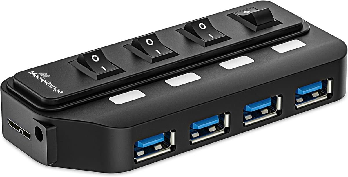 USB 3.0 Hub 1 op 4 Met Afzonderlijke Schakelaars En Voeding Voor Tot Vier Apparaten — afbeelding 1
