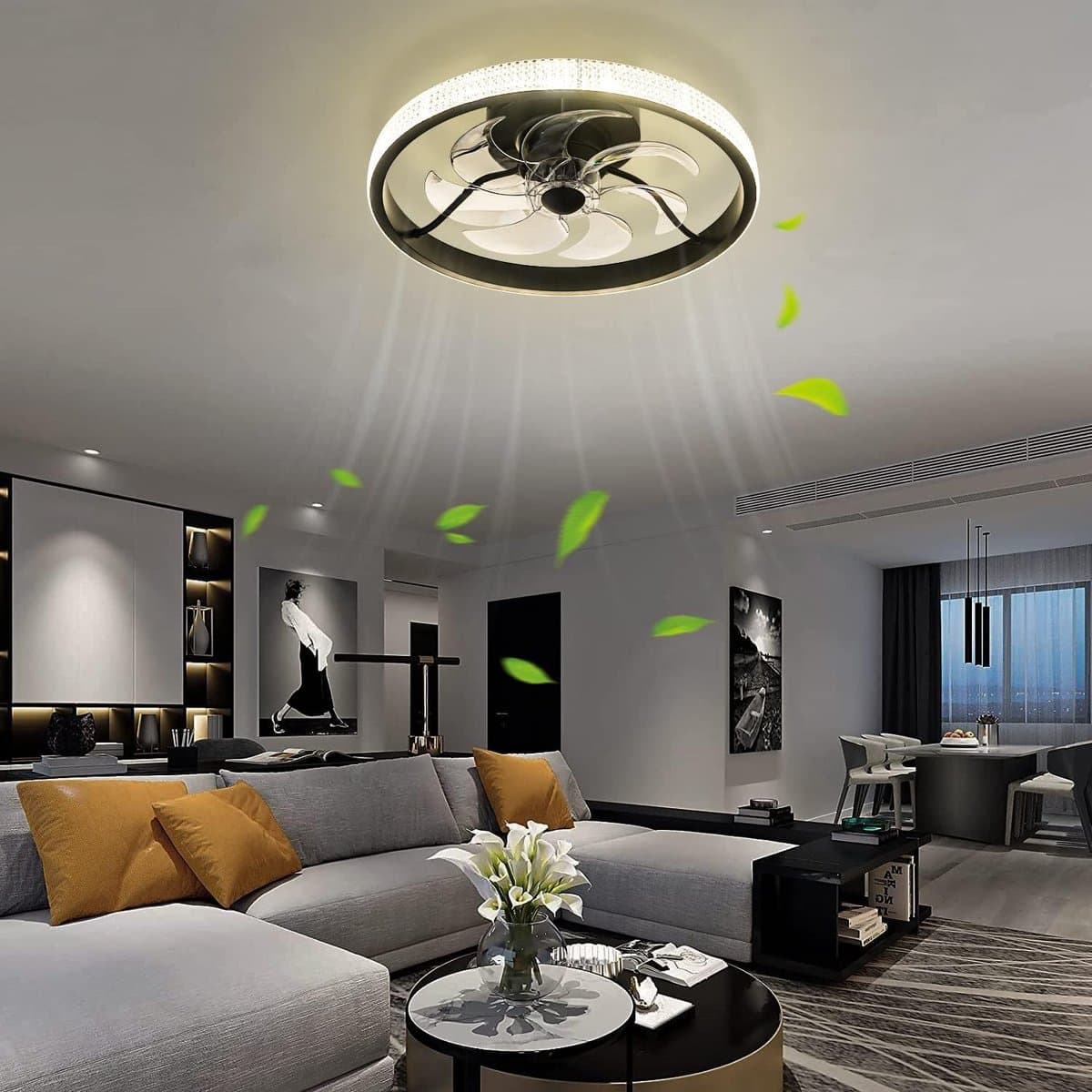 Kristallen LED Ventilator - Smart Lamp - 6 Standen - Dimbaar - Zwart - Crystal Ventilator Lamp - Woonkamerlamp - Moderne lamp — afbeelding 1