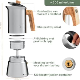WALDWERK espressomachine (300ml) - inductie-espressomachine geschikt voor alle soorten kachels - Percolator mokkapot van roestvrij staal met houten handvat van echt eikenhout — thumbnail 5