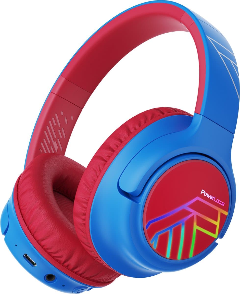 PowerLocus Bobo - Draadloze Koptelefoon voor Kinderen - Bluetooth koptelefoon - 74/85/94dB Volumebegrenzing - Led Verlichting - Audio Sharing Functie - Blauw/Rood — afbeelding 1