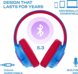 PowerLocus Bobo - Draadloze Koptelefoon voor Kinderen - Bluetooth koptelefoon - 74/85/94dB Volumebegrenzing - Led Verlichting - Audio Sharing Functie - Blauw/Rood — thumbnail 2
