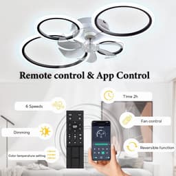 LuxiLamps - 4 Ringen LED Plafondventilator - Zwart - 6 Snelheden - Smart lamp - Dimbaar Met Afstandsbediening & APP - Moderne Cirkel Ventilator Licht - Kroonluchter Ventilator — thumbnail 4