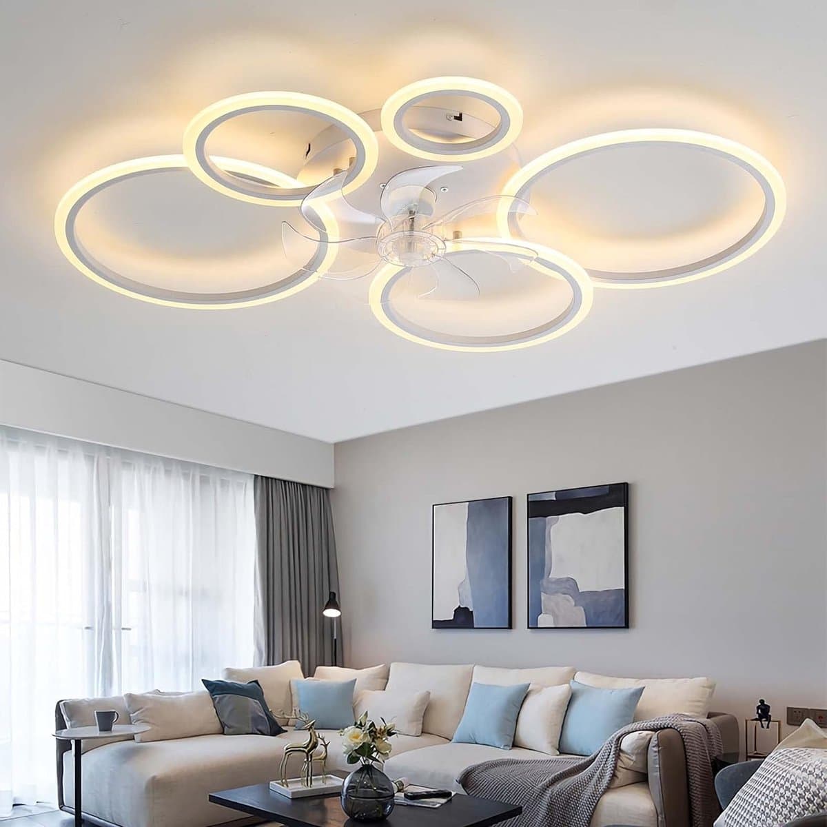LuxiLamps - 5 Ringen Plafondventilator - Wit - 6 Snelheden - Dimbaar Met Afstandsbediening en APP - Moderne Cirkel Ventilator Licht — afbeelding 1