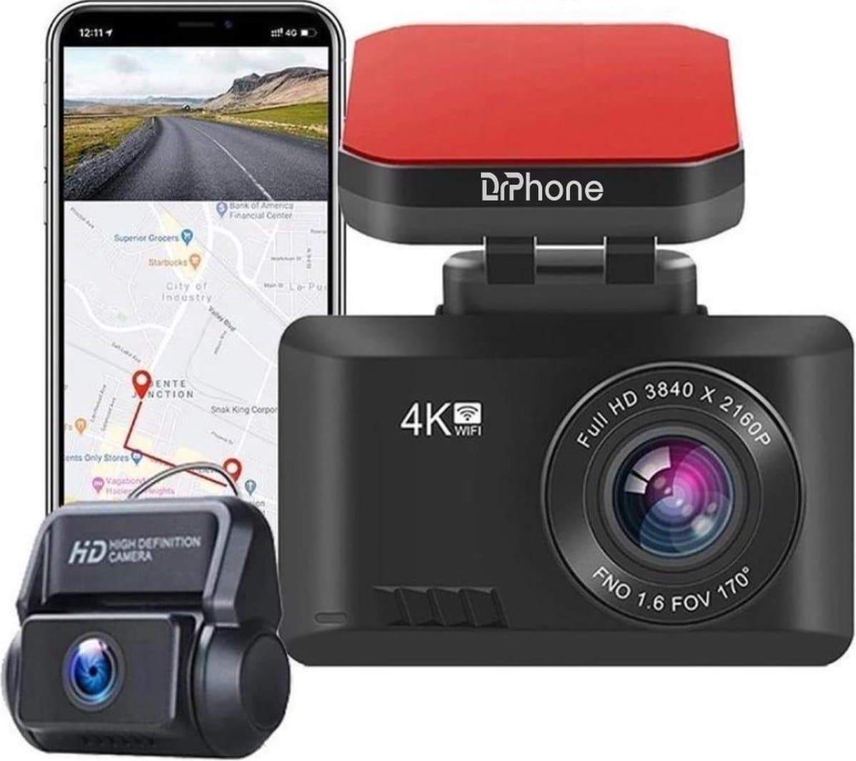 DrPhone D07 – 4K Dash Cam – 170 Graden – Full HD Dashcamera - Met Achteruit Rij Camera– 2.4 Inch – Met Nachtzicht – Zwart — afbeelding 1